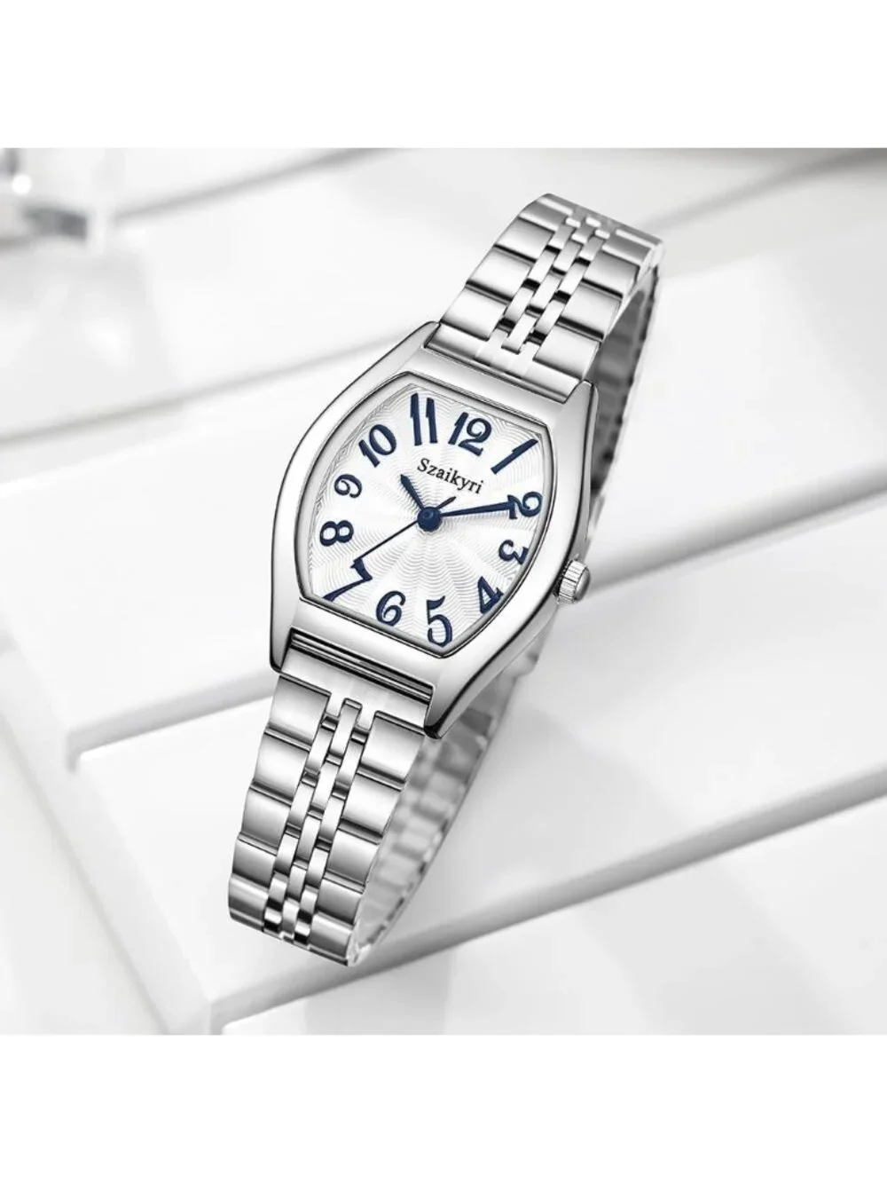 Women's Silver-Blue Barrel-Shaped Easy Read Arabic Numerals Dress Wrist Watch